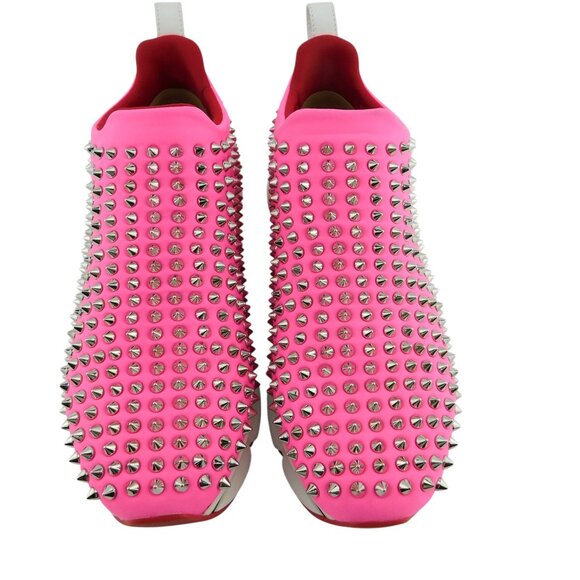 CHRISTIAN LOUBOUTIN Spiked Rose Hot Pink Neoprene Run Donna Sneakers 39.5 - Picture 3 of 8